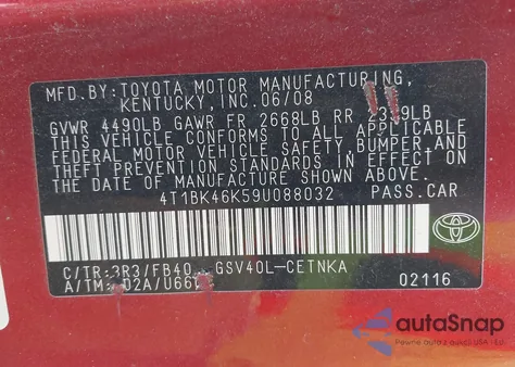 2009 Toyota Camry Le V6 from USA, damaged, VIN 4T1BK46K59U088032